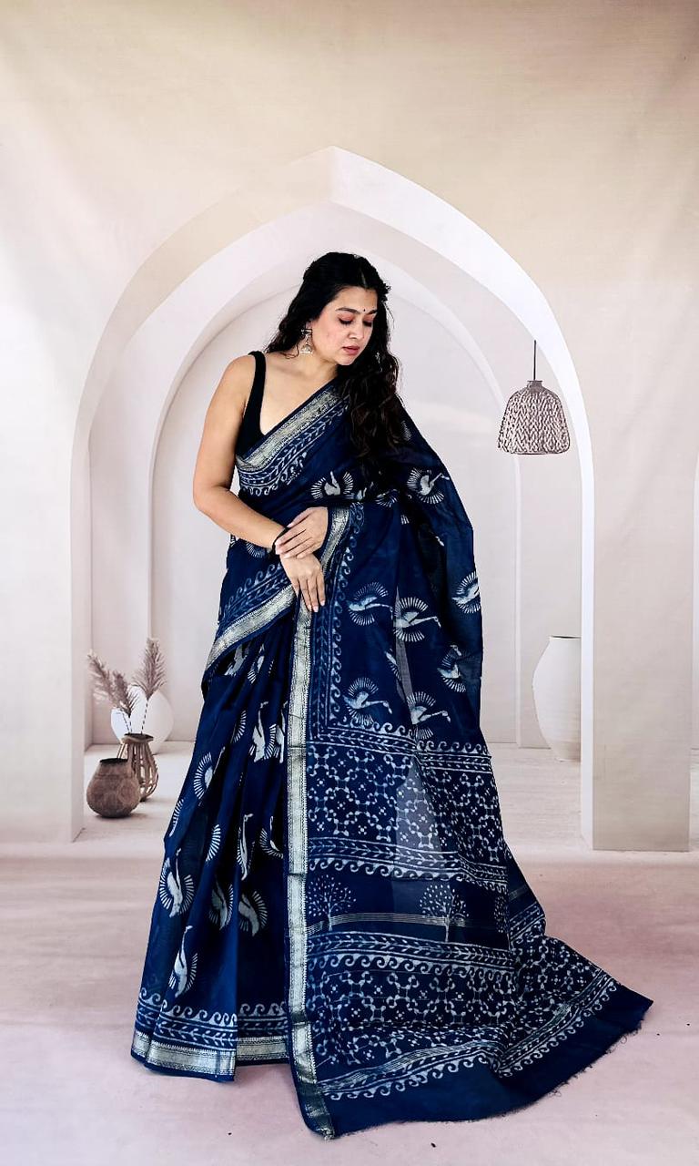 Black Maheshwari Silk Handblock Printed Saree with Floral Border – Wholesale Elegant Silk Saree